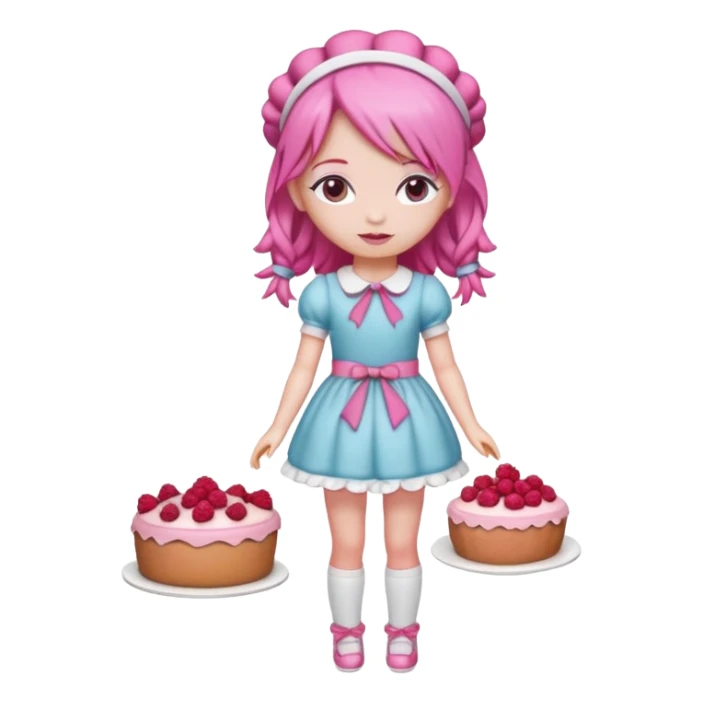 Isolated detaile illustration modern raspberry torte doll figurine full body with pink hair and a raspberry hairband sticker