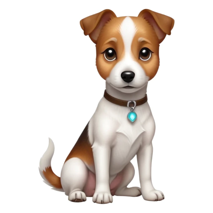 cinematic-[jack Russel terrier]-realistic-full-body-sitting-emoji,-tail-resting-loosely-beside-its-paws,-head-tilted-dramatically, -sleek-[brown and white]-fur,-simplified-yet-realistic-focused-features,-highly-detailed,-glowing-with-an-almost-sarcastic-glow sticker