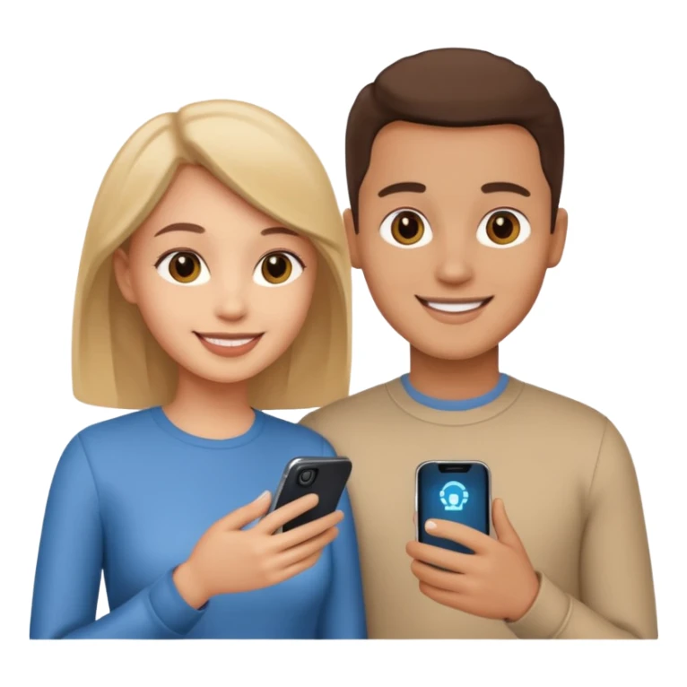 Generate a realistic emoji of a two people using a phone which shows artificial intelligence sticker