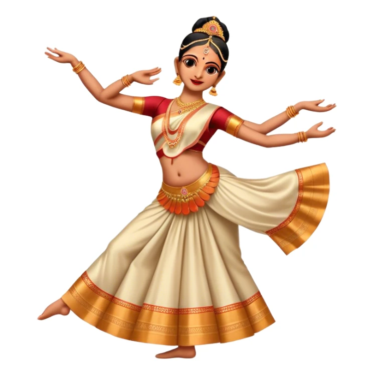 Cinematic Realistic Bharatanatyam Dance Emoji, depicted as an elegant classical Indian dance performance with graceful poses, intricate costumes, and expressive hand gestures, rendered with rich textures and warm dramatic lighting that captures its timeless beauty. sticker