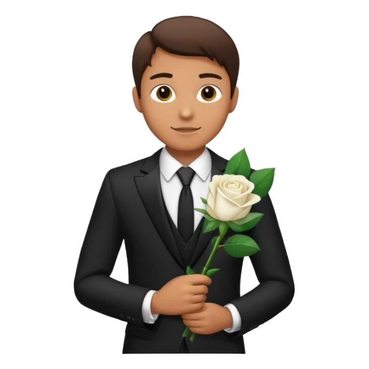 A man in a formal suit holding a white rose sticker