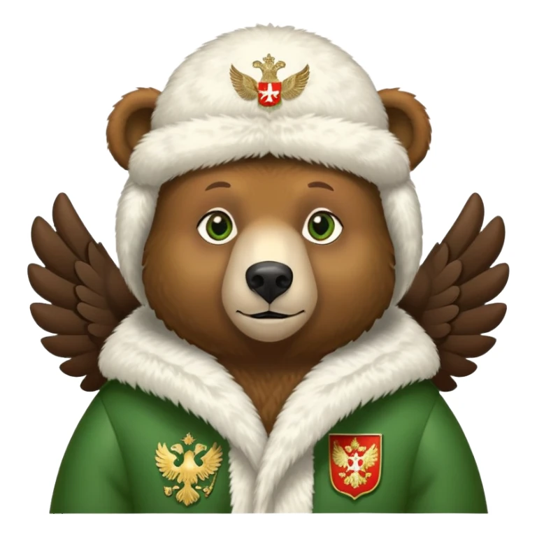 Sweet brown bear with friendly expression and green eyes, white fur ushanka with prominent and detailed Russian Federation double-headed eagle coat of arms, iOS emoji style sticker