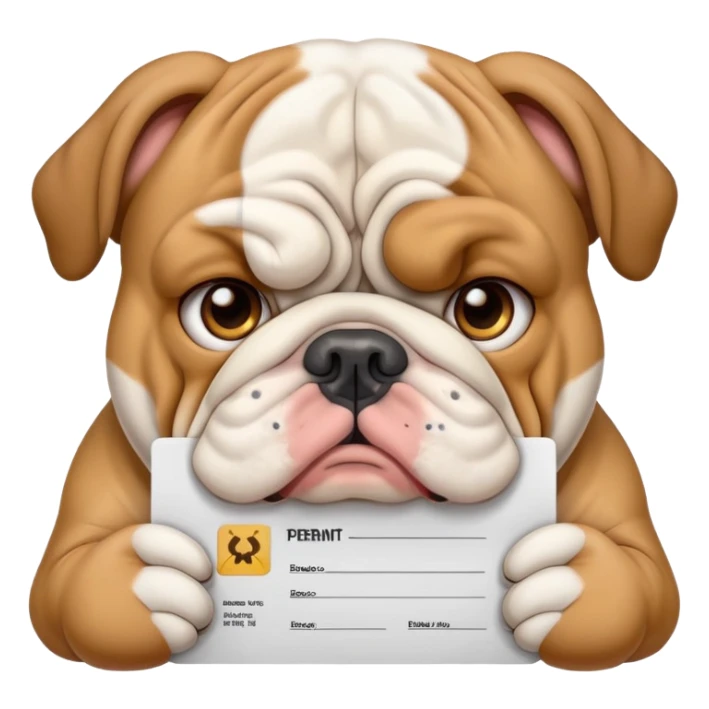 English bulldog holding a permit sticker