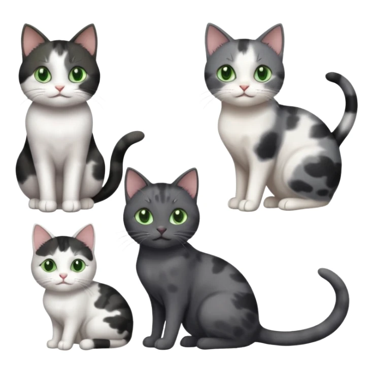 3 different coloured small cats including a dark grey and white, and a patchy calico and a completely solid dark grey with green eyes and only white paws sticker