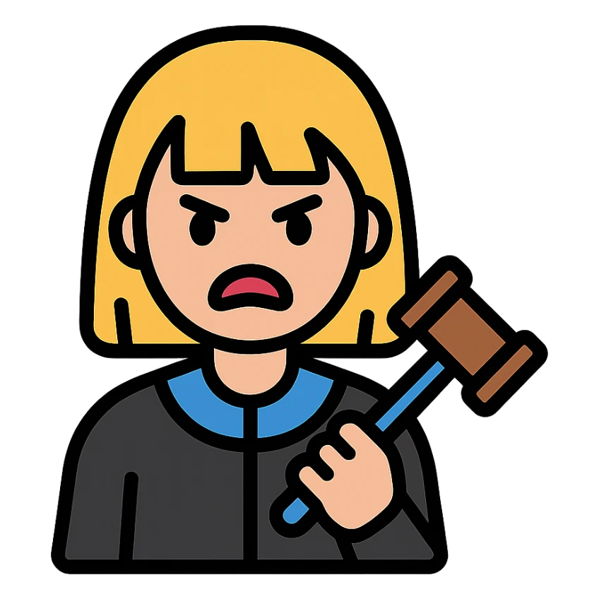 angry judge with blonde shoulder-length hair and bangs sticker