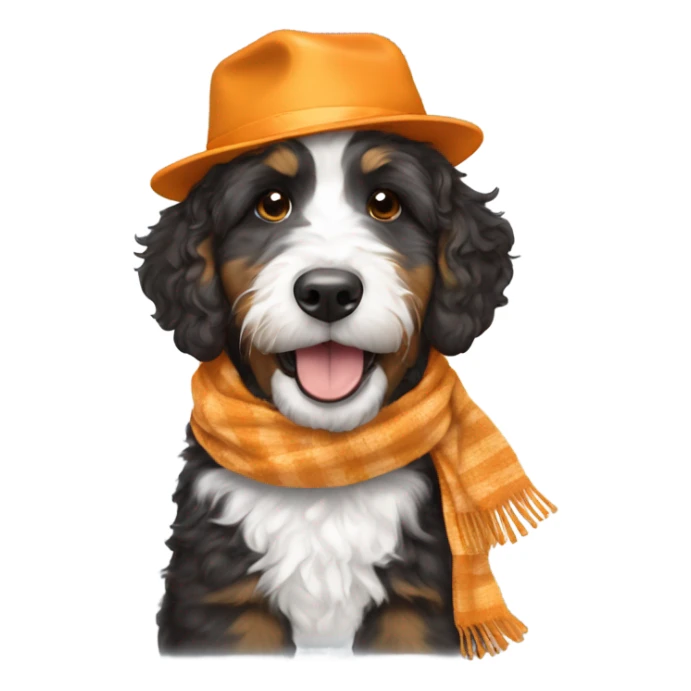 Bernedoodle with University of tennessee hat and scarf sticker