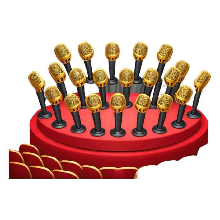 Create a vibrant and dynamic emoji that represents choral vocal performance. The design should feature 10 vintage stage microphones arranged in a semi-circle on a concert stage, symbolizing a vocal group or choir. Add musical notes flowing around the microphones to represent harmony and unity in the performance. Include concert lighting and a celebratory atmosphere to convey the excitement of live music. Use bright, bold colors like red, gold, and silver to emphasize the energy and glamour of the stage. The background should be transparent. sticker