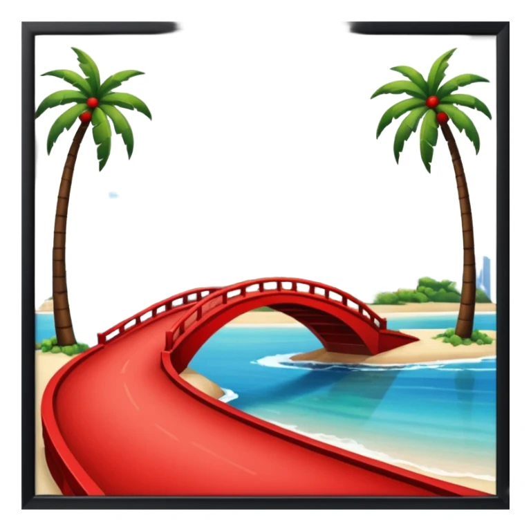  island with modern buildings, beaches with palm trees, and a red bridge on one side sticker
