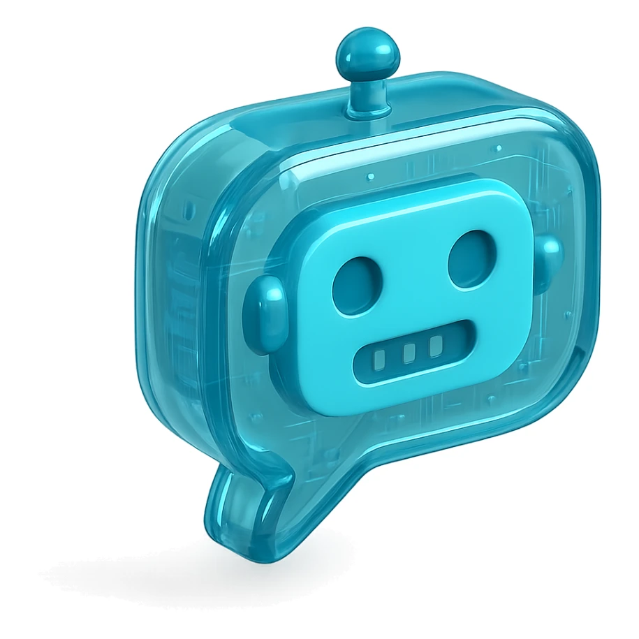 Icon of a speech bubble with a robot face, cyan blue sticker