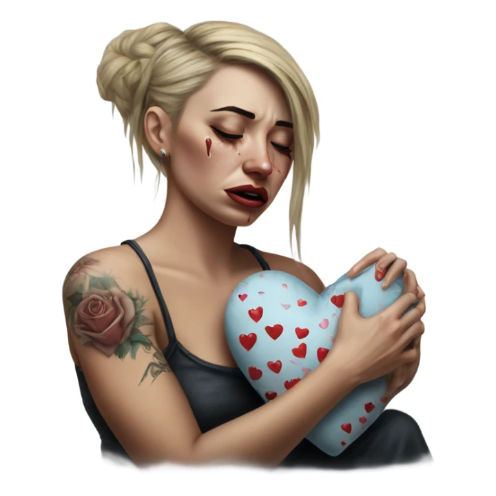 Hyper Realistic Beautiful tattooed woman crying holding a broken heart cushion sticker