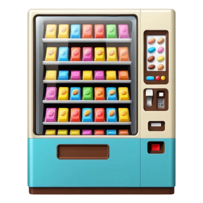 small snack vending machine emoji in Apple style, visible candies and chocolate bars, friendly and inviting sticker