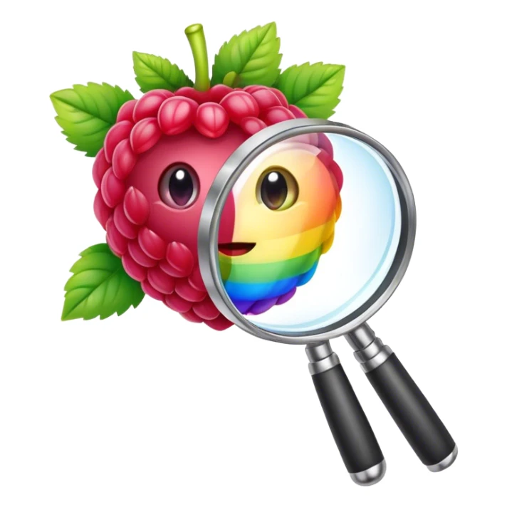 a raspberry holds a rainbow colored magnifier with its budding from handle of magnifier sticker