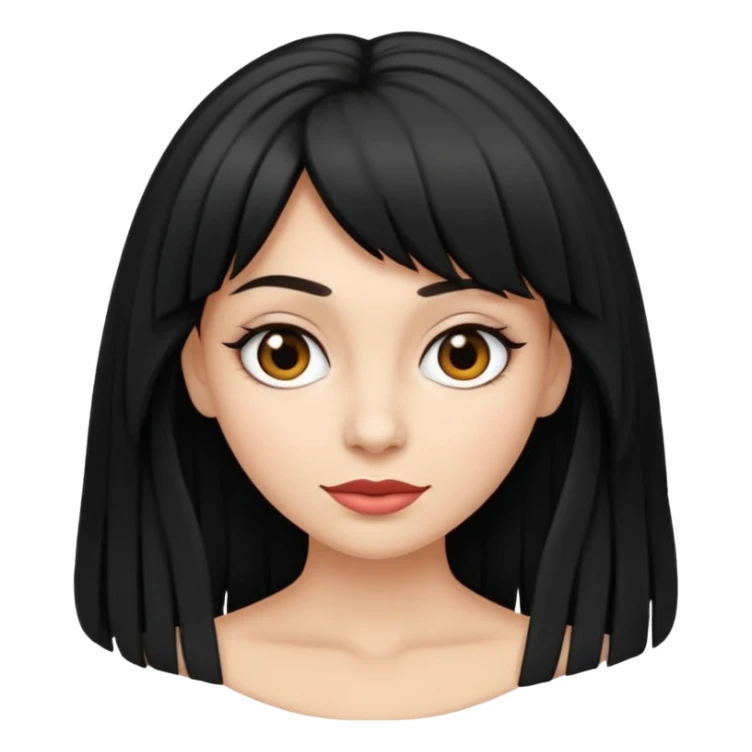 Faça um emoji de uma mulher branca, com cabelo liso preto longo, e com uma franja acima da sombrancelha. sticker