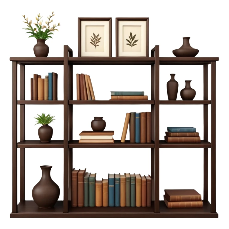 Wooden shelving unit with books and decorative items sticker