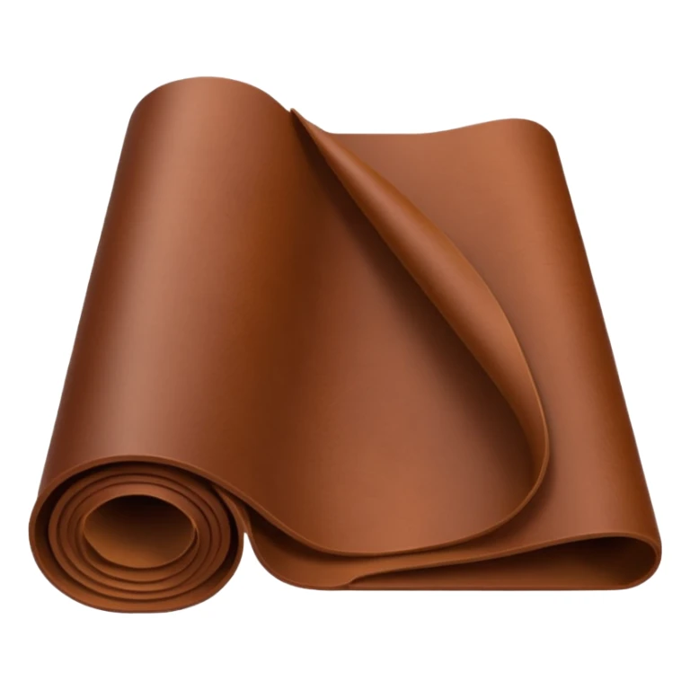 Apple-style 3D emoji of a rolled sheet of industrial leather, smooth surface, deep brown color, soft sheen, folded like fabric, with slight creases showing its texture. sticker