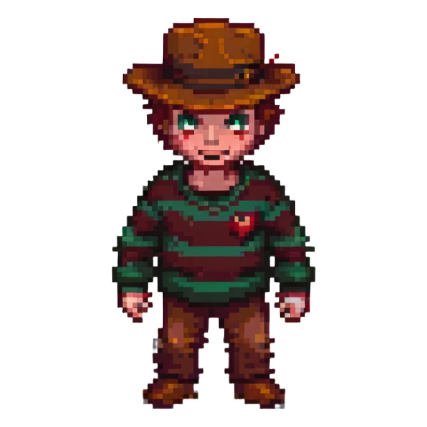 Freddy Krueger in pixel art style, menacing pose, classic striped sweater sticker