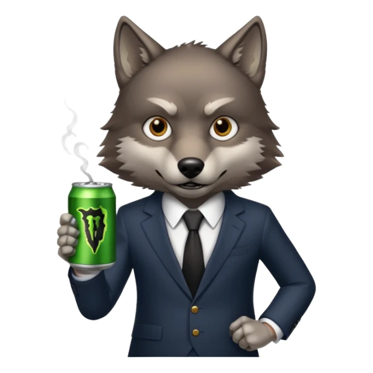 wolf in business suit, holding one monster energy can, with brown eyes  sticker