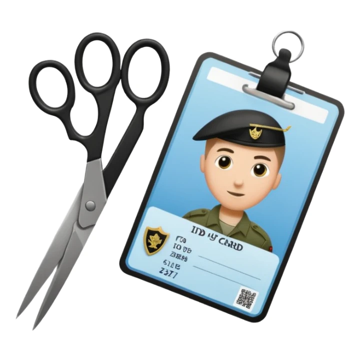 Floating black Scissors cutting in half an idf soldier ID card with a little chip in 2 parts sticker