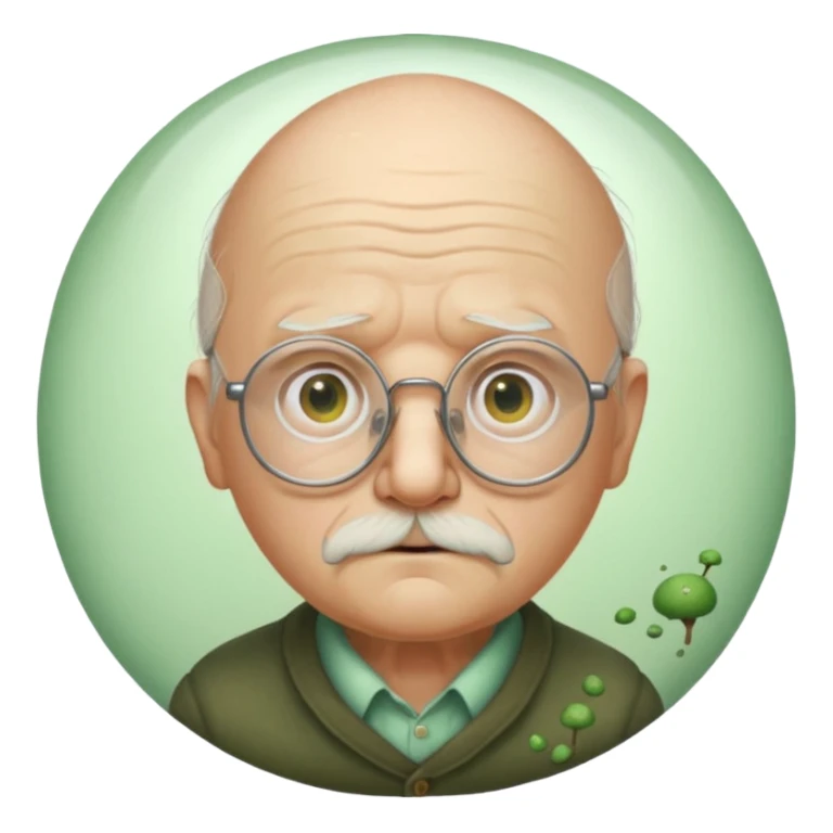 old egg shaped man with balding, glasses, fungus sticker