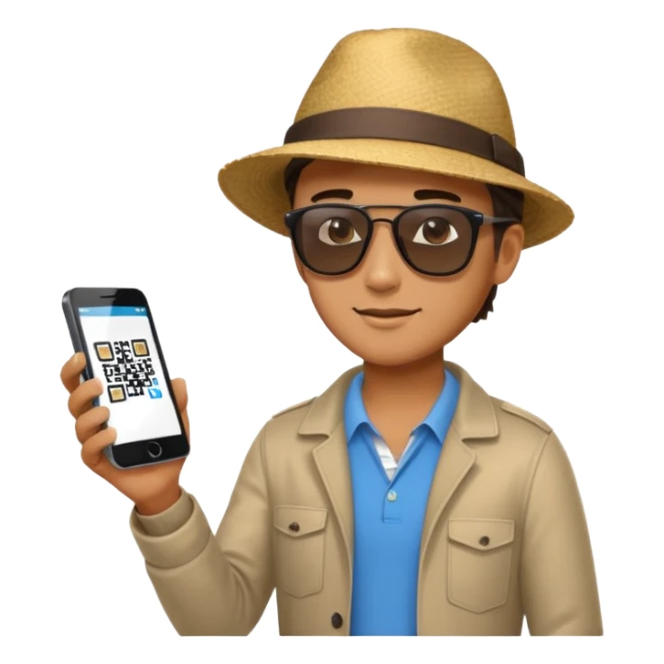 Draw a male tourist who pointed his phone to scan a QR code at a POS terminal for payment. In the style of an Apple emoji sticker