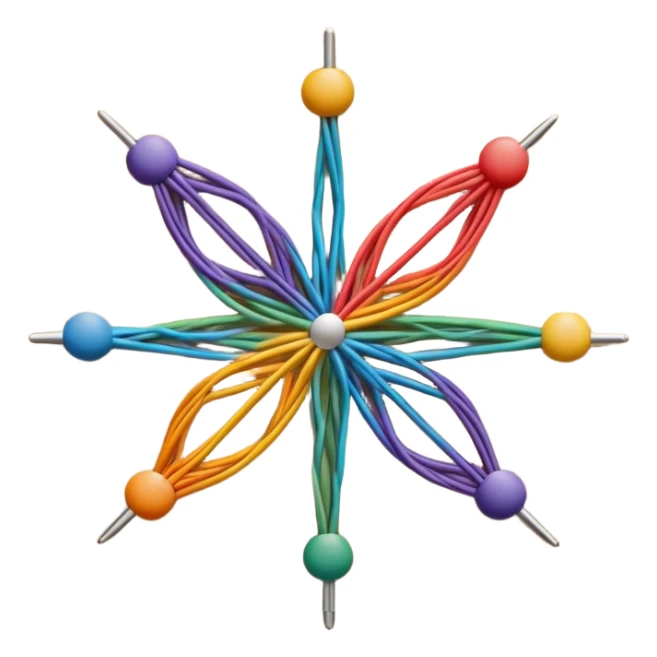 String art icon, colorful threads forming geometric patterns, pins on a board, intricate design, minimalistic style, clean lines, transparent background. sticker