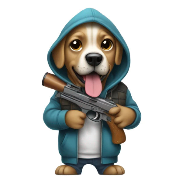 Dog wearing a hoodie holding a pew pew sticker