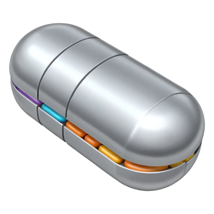 capsule pill emoji, metallic silver halves, smooth glossy finish, futuristic pharmaceutical 3D icon, isolated on white sticker
