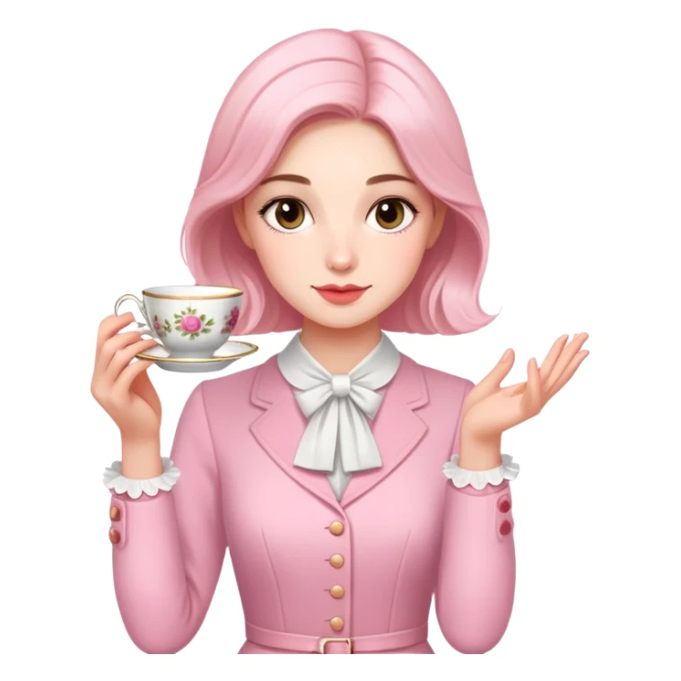 British girl elegantly holding teacup with one hand, pinky slightly raised, proper tea etiquette sticker