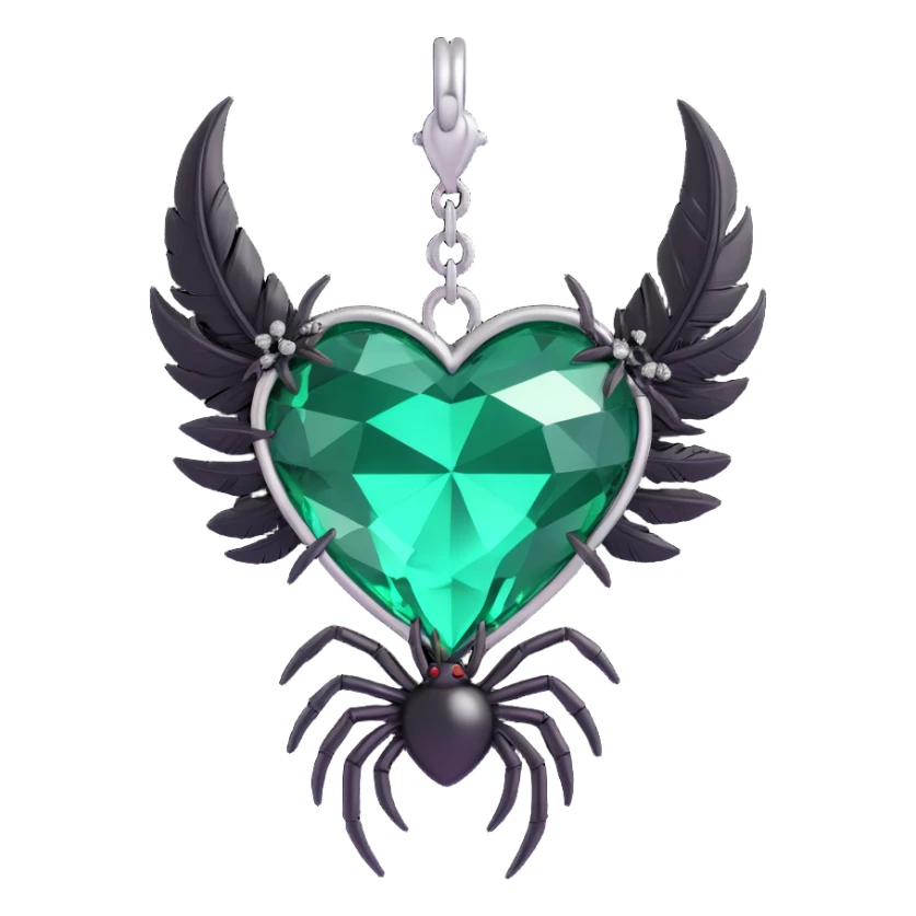 3D emoji gothic heart, emerald green crystal, silver spider charm, feather accents, lush and gothic sticker