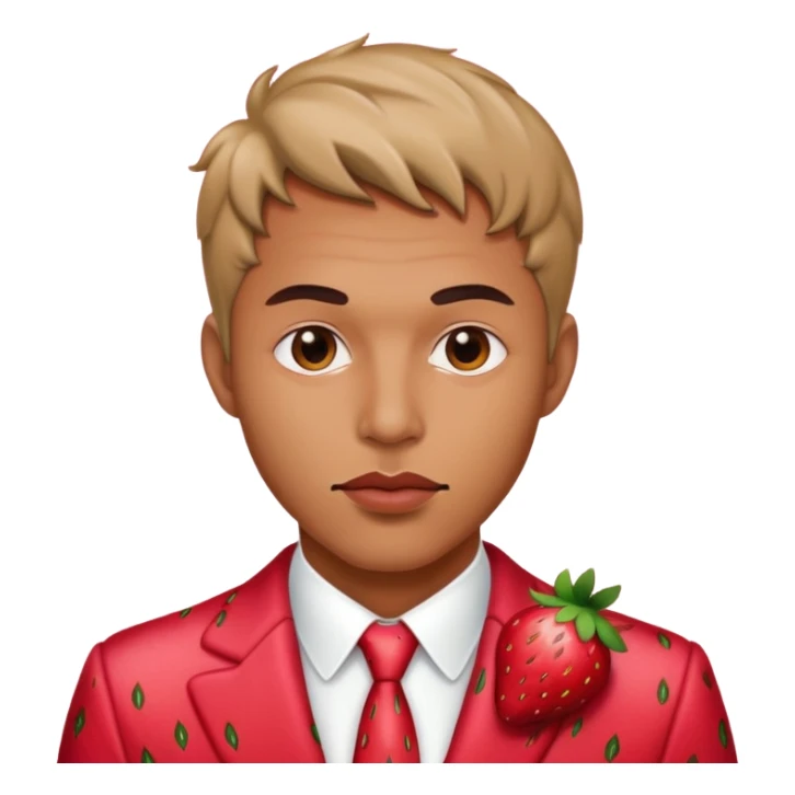 Mn wearing strawberry suit with a sultry look and lip bite sticker