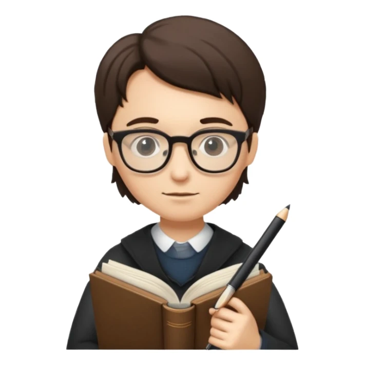 writer holding big pen in hand and closed book in other hand, wearing glasses sticker
