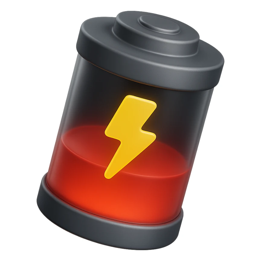 Realistic 3D cylindrical battery with half red level, inspired by the reference image, glass effect, yellow lightning symbol, transparent details, isolated on white background. sticker