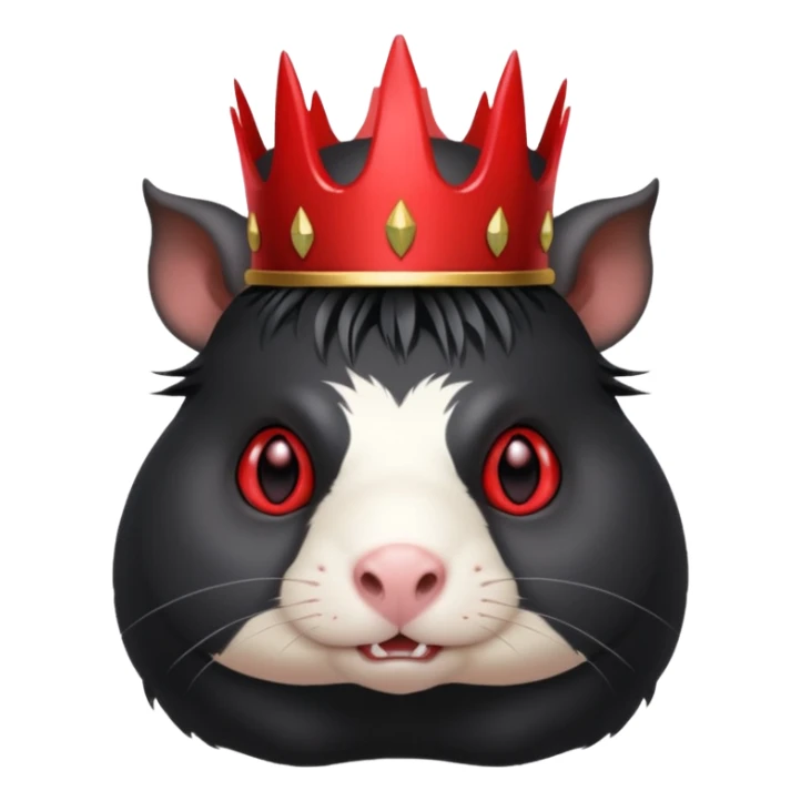 black guinea pig with red eyes, looking evil, wearing a demon crown sticker