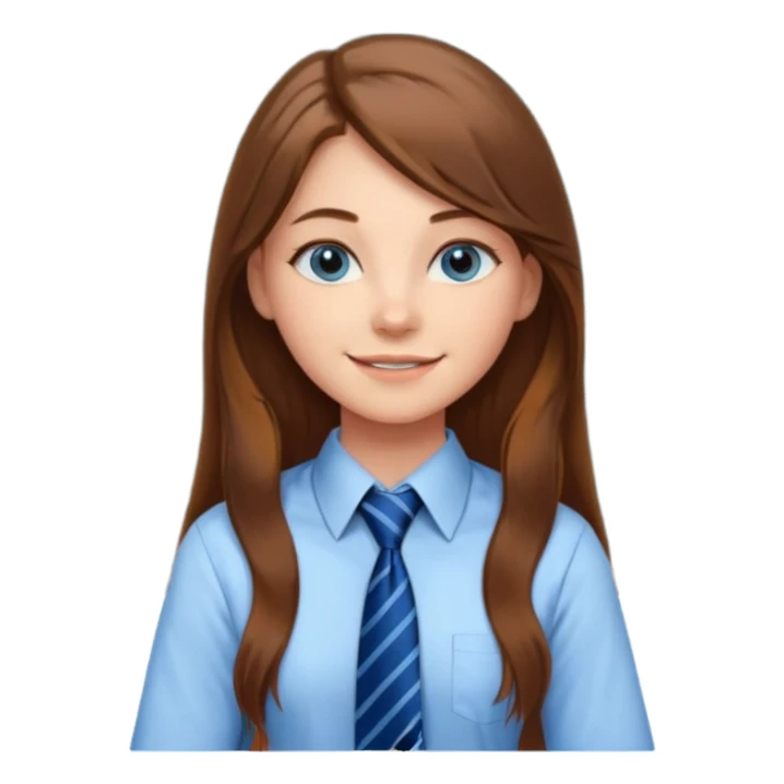 high school class room with a pretty female high school student with long brown hair, blue eyes, wearing a tie, sitting in front of the blackboard sticker