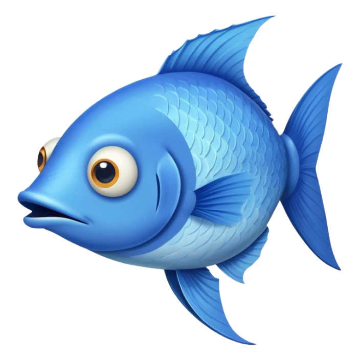 ridiculously derpy blue fish with crossed eye and silly underbite, perfect flat side profile facing right, exactly 90 degrees, completely 2D like a paper cutout, only one eye visible, absolute side view sticker