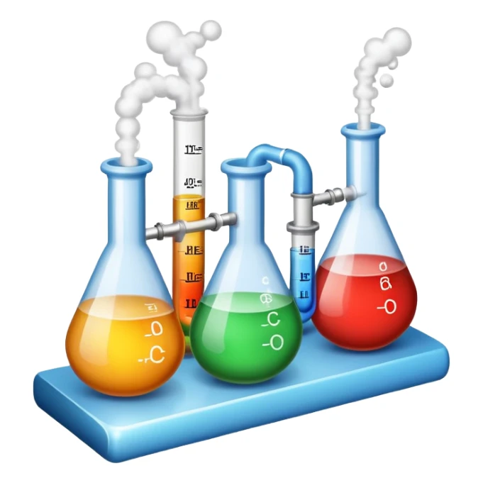 An icon featuring chemical flasks with tubes, representing hydrolysis, along with liquids, powders, and chemical formulas. The design includes molecules and reaction symbols, symbolizing the study of chemical processes and compounds. Transparent background highlights the science of reactions. sticker