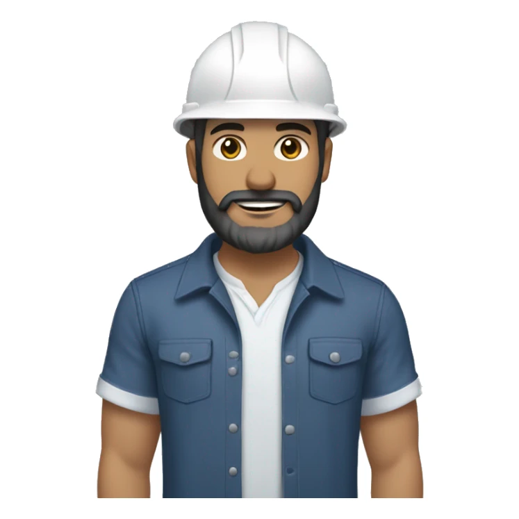 An engineer wearing light blue blouse and dark navy jeans and brown shoes and white helmet and white skin and black beard sticker