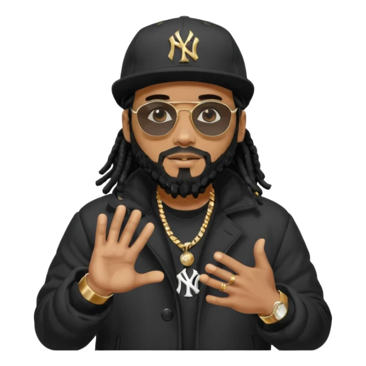 African American man with shoulder length black dreadlocks with black beard wearing black sunglasses wearing a black bubble winter coat wearing a New York Yankees baseball hat with his hands out sticker