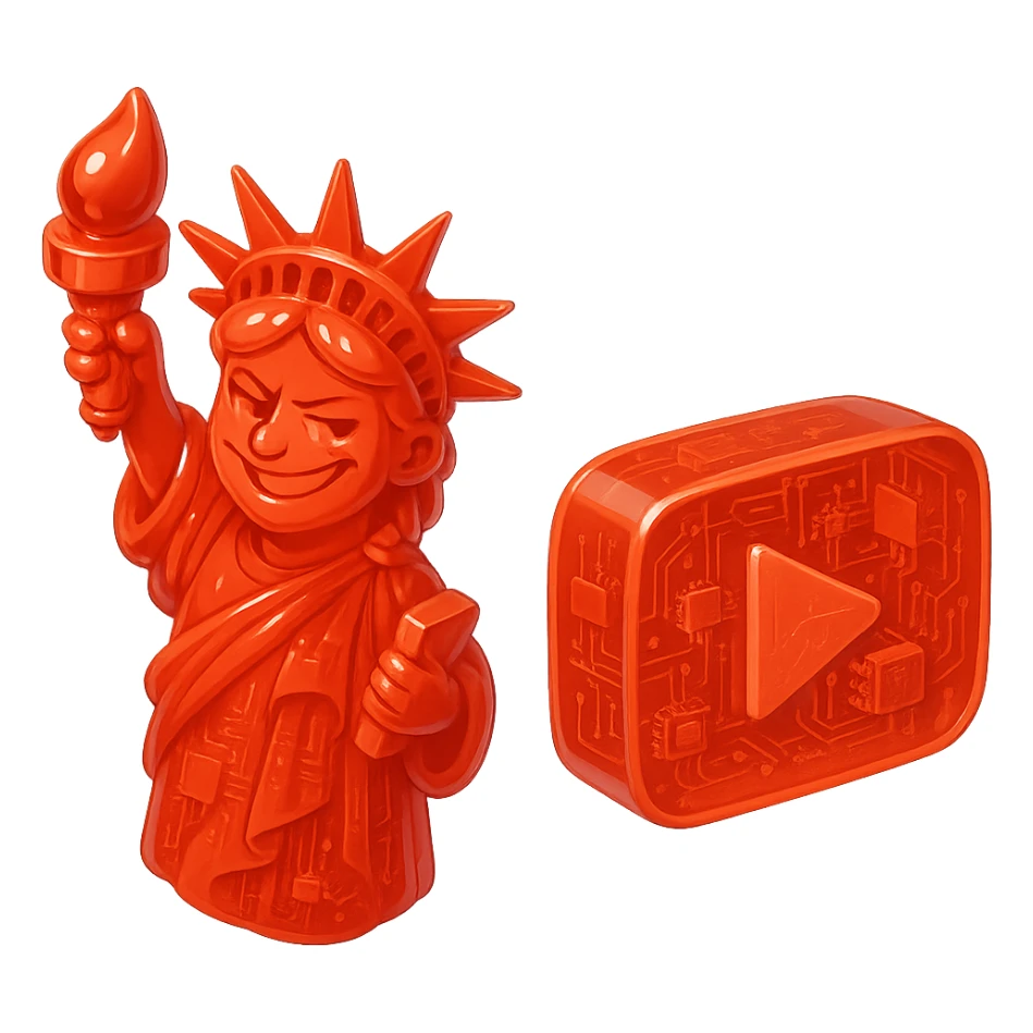 red Statue of Liberty with a playful sarcastic grin, red YouTube play button, glossy circuit style sticker