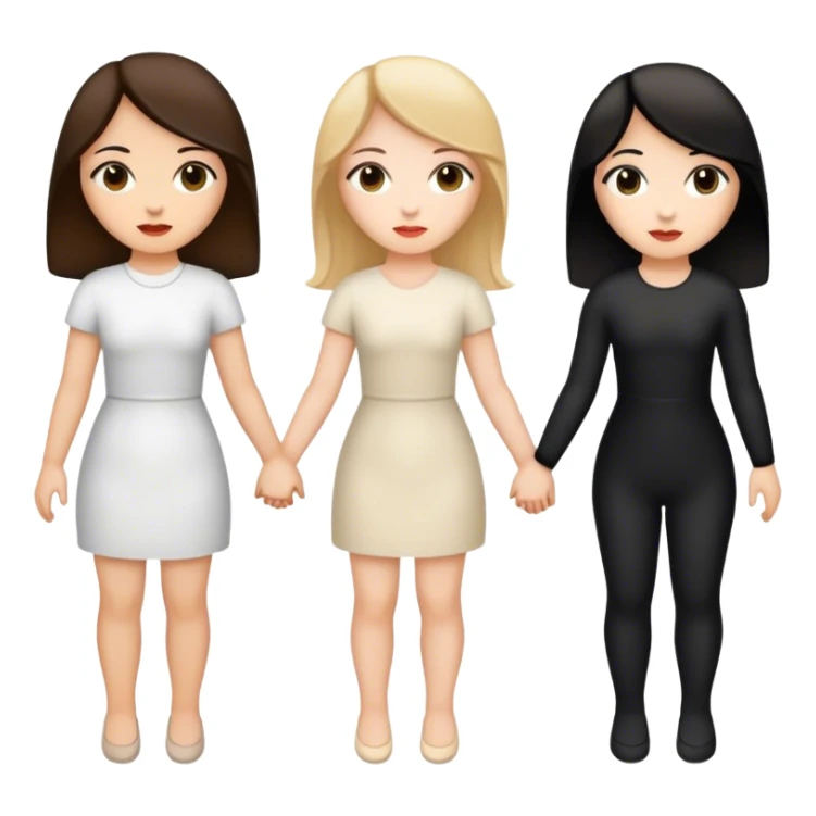 Three women holding hands side by side, all white, one with dark blonde hair, one with black hair, and one with dark brown hair sticker