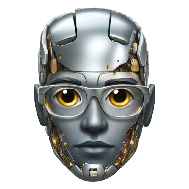 Male cyborg head with metallic skin, flat top, rectangular glasses and circuits sticker