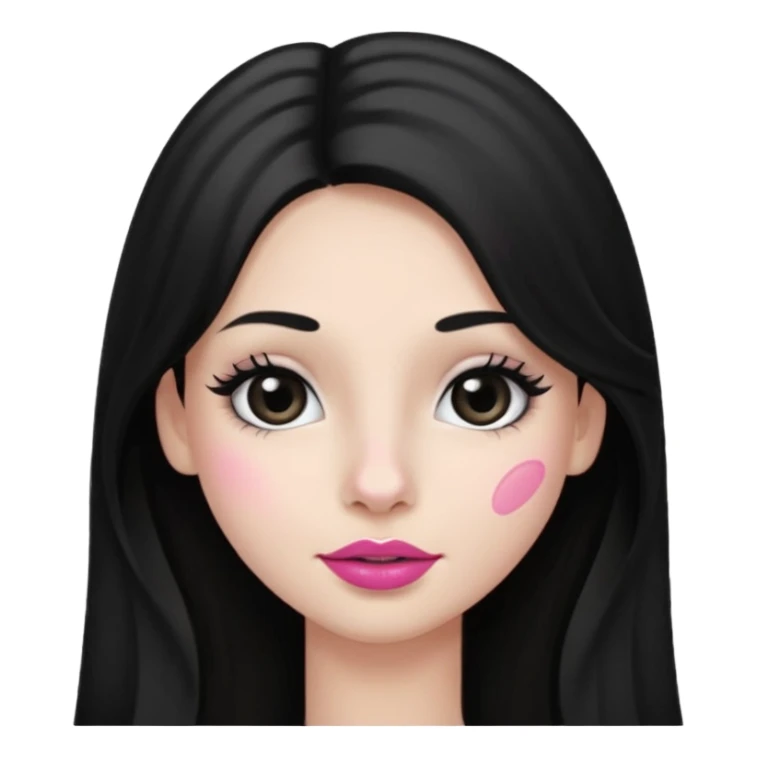 A girl's face with a thin face, dimples, with mascara and pink lipstick,small nose, hair in front of him,white skin, black and long hair  sticker
