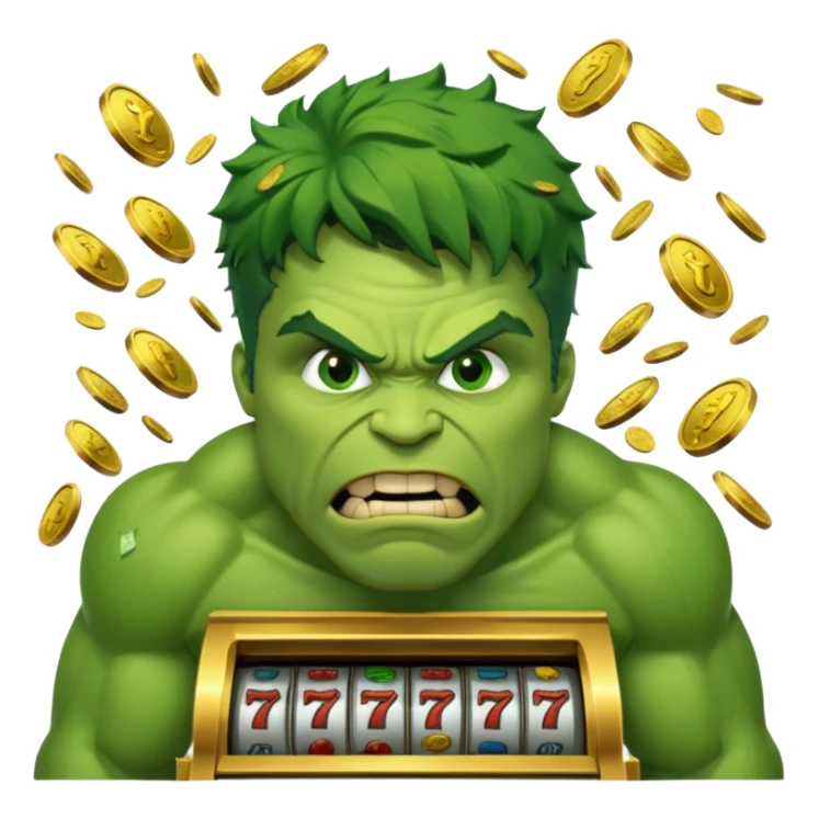 disheveled hulk losing money at a slot machine, panicked face, coins flying sticker