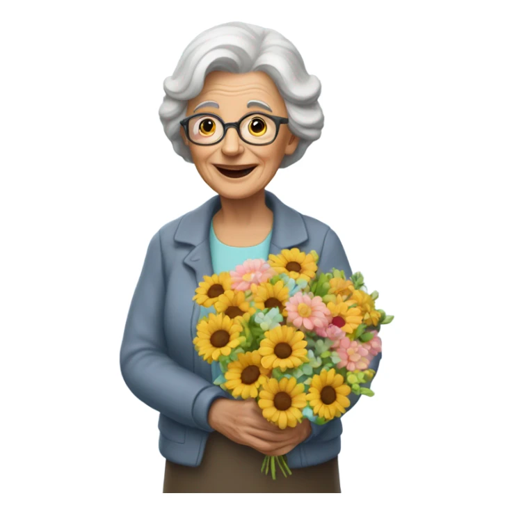 70 years old women with flower and balloon sticker
