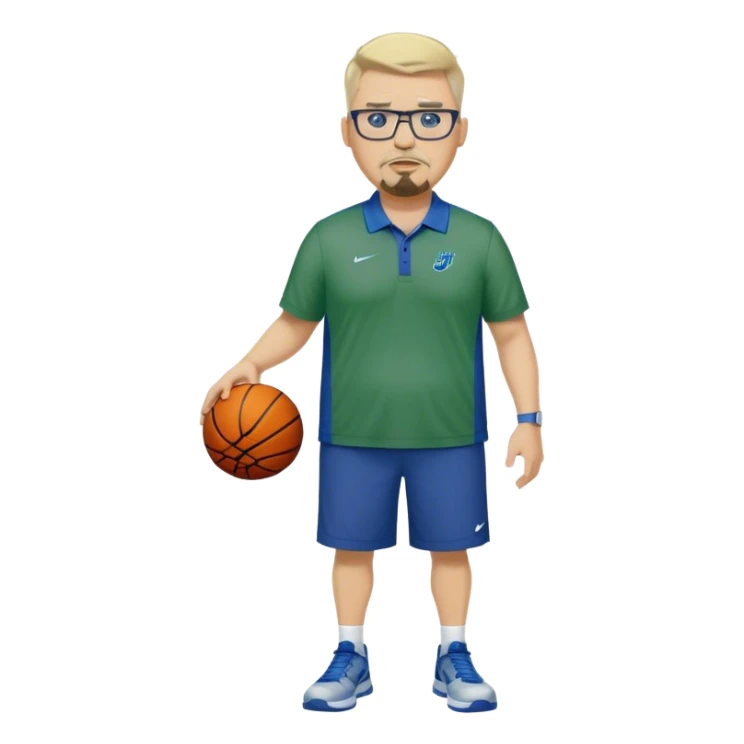 Full Body white male plus size wearing glasses with a goatee with light blonde and gray very short hair mad basketball head Coach in blue and green wearing Nike polo sticker