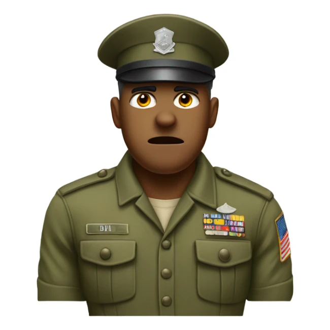 drill sergeant character wearing a classic sergeant hat and a camouflage army shirt. The character should have an angry intense expression. full torso sticker
