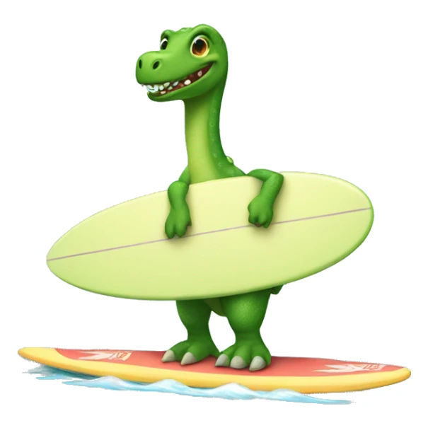 green dinosaur wearing a tutu on a surfboard sticker