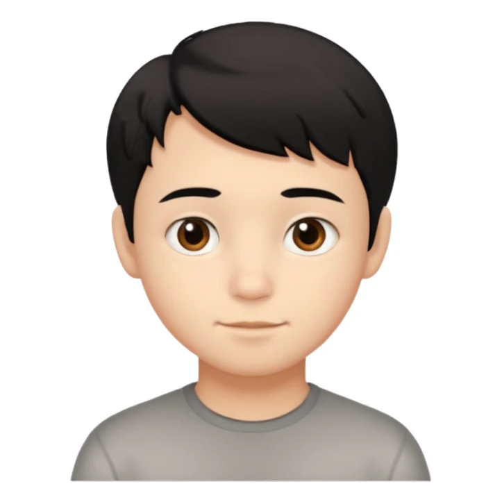 young boy with short, slightly messy black hair, a round face, large brown eyes, and a small neutral smile sticker