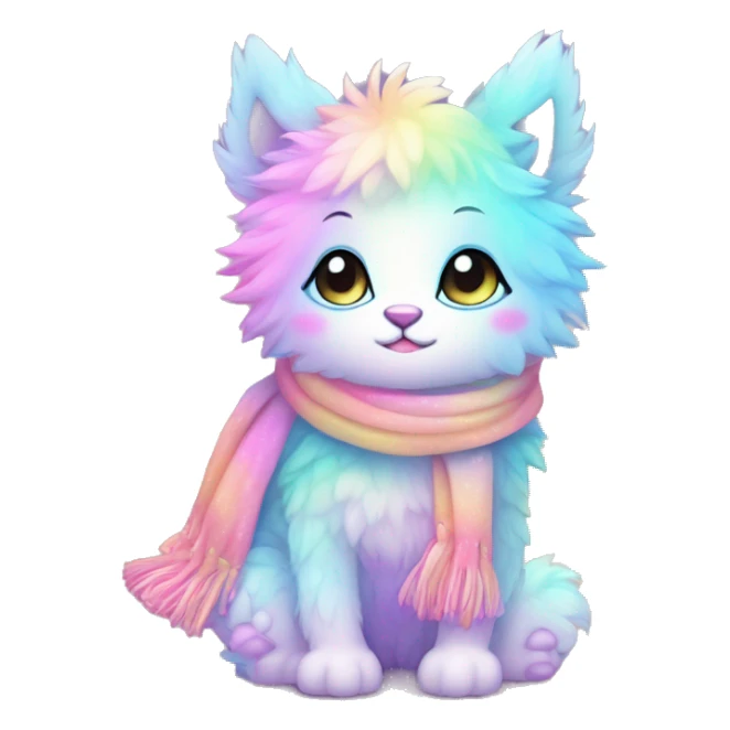 Edgy Kawaii cute cool gorgeous colorful sparkly bright light pastel gradient fantasy ethereal fluffy fursona animal creature with a cute scarf full body sticker