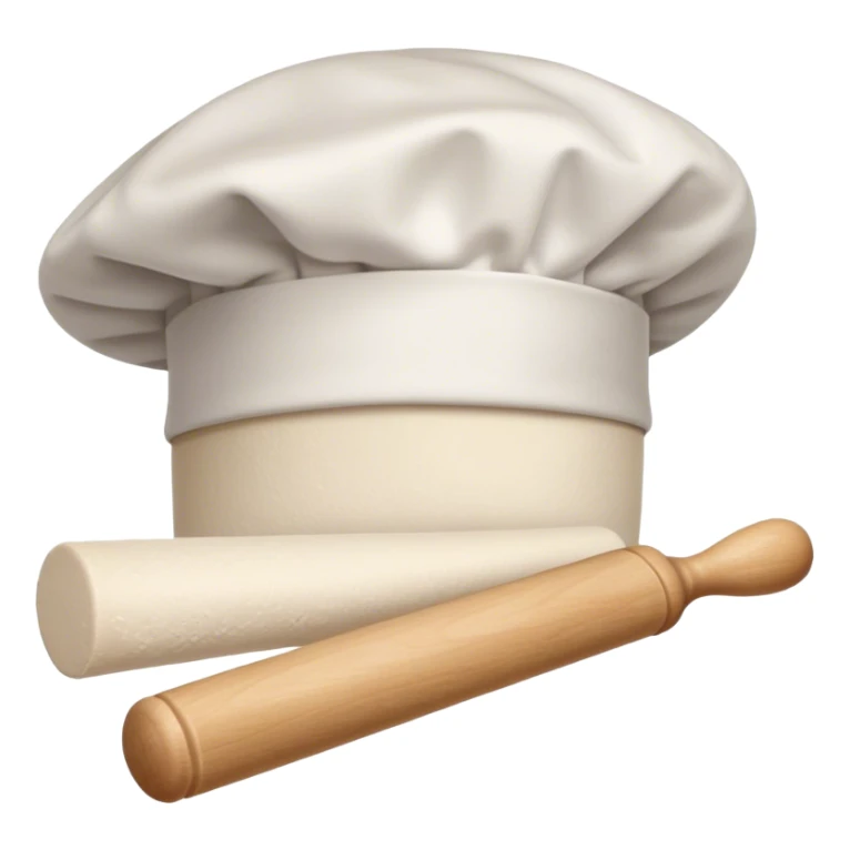 Cinematic Realistic Chef Hat & Rolling Pin, crisp white cotton hat with soft folds, resting beside a classic wooden rolling pin with smooth, polished curves, a light dusting of flour adding authenticity, warm kitchen lighting casting gentle shadows, glowing with a cozy and inviting charm. sticker